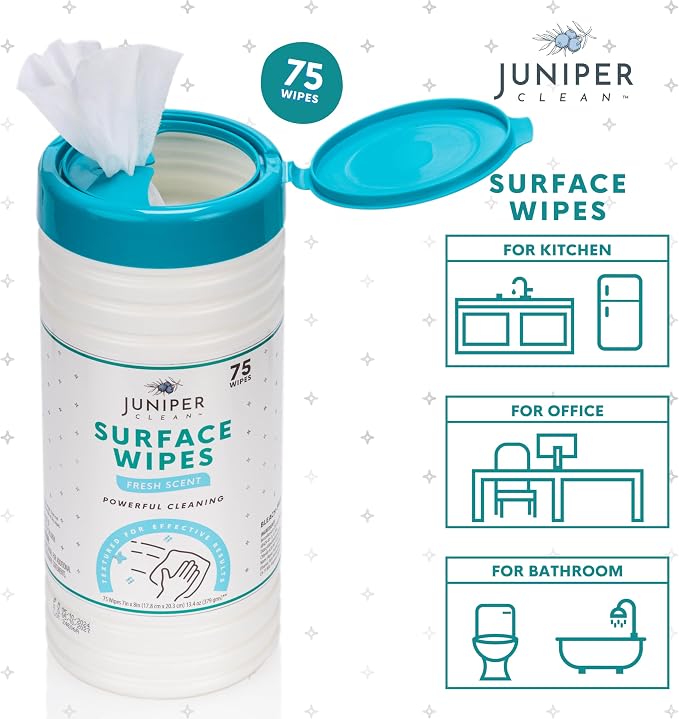 Juniper CLEAN 1 Pack Surface Cleaning Wipes Bleach Free, All-Purpose Cleaner for Bathroom, Kitchen, Office, 75 Count Canister, 7.5" x 7" Sheet, Fresh Scent, Lint Free & Durable