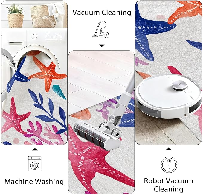 Coastal Seaside Washable Runner Rug 2.6x7 - Watercolor Ocean Entryway Rug, Ultra-Thin Kitchen Rugs, Starfish Scallop Coral Anti Slip Runner Rugs for Entrance Laundry Room Corridor Bedroom
