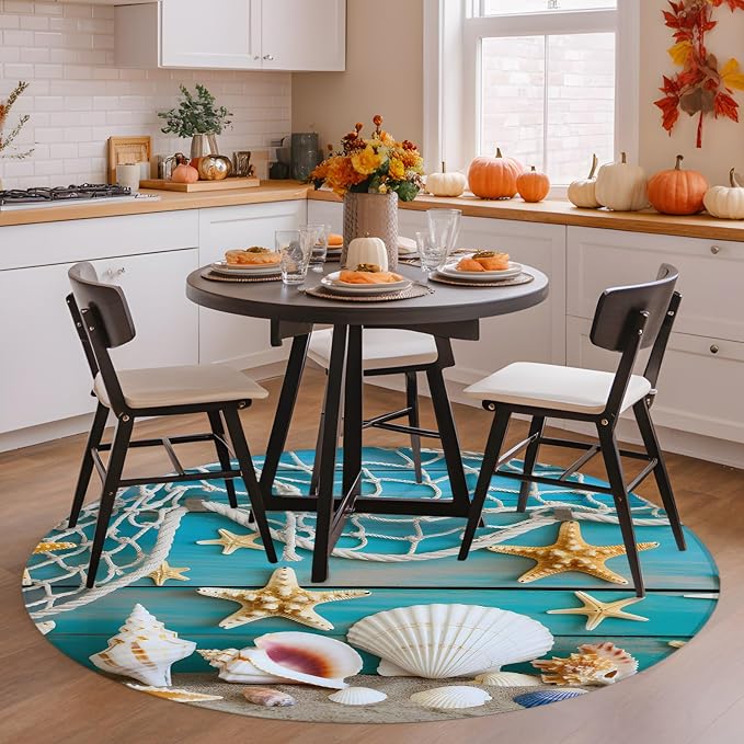 8 Ft Round Rug for Large Living Room, Beach Starfish Indoor Accent Rugs for Apartment, Ocean Conch Fishing Net Blue Wood Grain Decorative Circle Carpet Washable Low Pile Non Slip, Rug for Bedroom