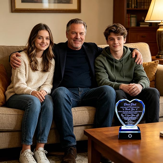 ZHSHWAT Dad Crystal Night Light, Engraved Heart LED Color Changing Lamp, Father’s Day Birthday Gift for Dad from Daughter Son