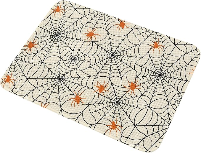 Halloween Bathroom Rugs Non Slip Washable Bath Mat Absorbent Low Pile Front Door Mat Orange Black Net Classic Spiders Gingham Indoor Doormat for Kitchen Entryway Shower Decor Accessories 19.7"x31.5"