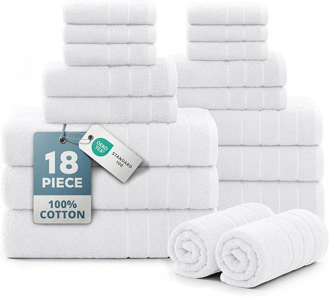 Casa Platino Bath Towel Set 100% Cotton 18 Piece Soft Absorbent - White | Bathroom Towels - Generously Sized, Oversized & Roomy, Lightweight & Breathable, Fade-Resistant Color, Classic Terry Weave