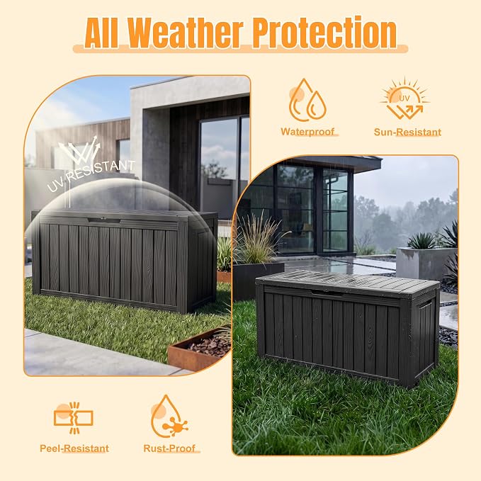 Outdoor Storage Box, 140 Gallon Waterproof Resin Deck Box with Support Rod | UV Resistant Lockable Package Delivery Bin, Shoe, Patio & Garden Tools Storage, Toy Cabinet, Ottoman, Indoor/Outdoor