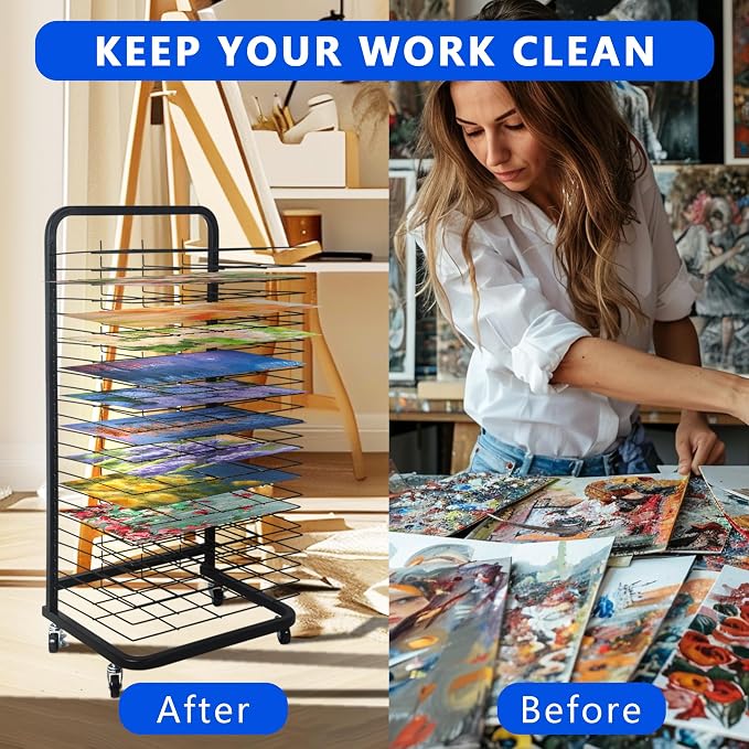 25 Removable Shelves Mobile Art Drying Rack for Classroom, Sturdy Metal Art Canvas Storage & Art Print Display Rack with Locking Wheels (32.22x14.6x17.3 In)，Painting Drying Rack，paper drying rack