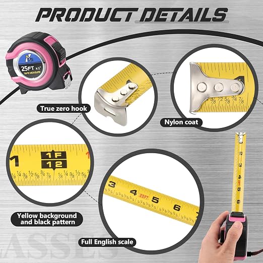 Youyole 10 Pack Tape Measure with Fractions 1/8 Steel Measuring Tape Retractable Easy Read Measurement Ruler Steel Power Blade (25 ft X 1 in,Pink)
