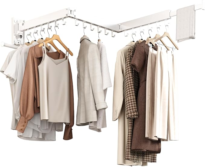 Wall Mounted Collapsible Clothes Drying Rack, Space-Saving Laundry Drying Rack Clothing Hanger, Durable Foldable Design Extends Left, Right & Up for Upgraded Versatility