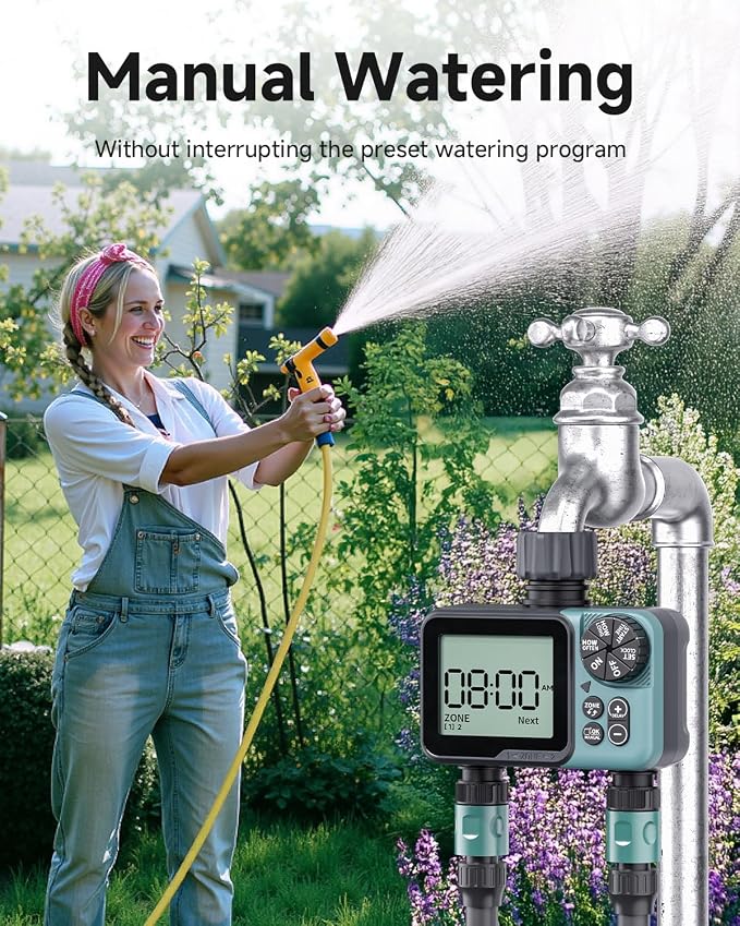 Sprinkler Timer 2 Zone & Digital Water Timer for Garden Hose, Yard, Lawn, Pool – Programmable Irrigation Controller with Rain Delay, IP55 Waterproof Auto & Manual Irrigation System