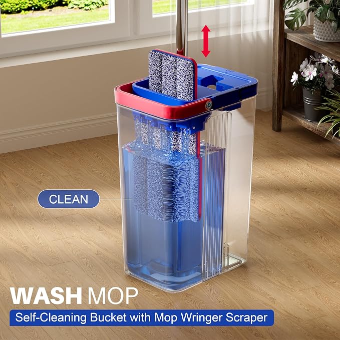 JOYMOOP Mop and Bucket with Wringer Set, Hands Free Flat Floor Mop and Bucket, with 6 Washable Microfiber Pads, Wet and Dry Use, Floor Cleaning System - Black+Red+Slate Blue