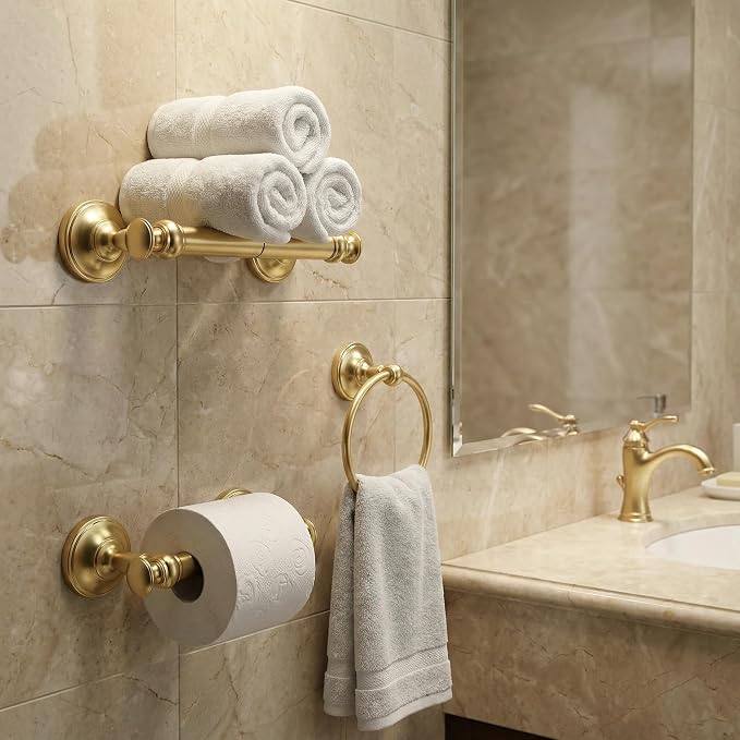 khtumeware Double Post Toilet Paper Holder Brushed Gold Tissue Roll Holder for Bathroom Organization and Storage Single Double Toilet Tissue Holder Wall Bathroom Accessories (1-Pack)