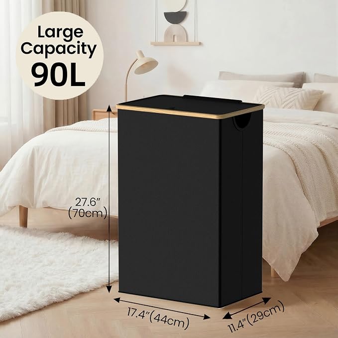 efluky Slim Laundry Basket with Lid, Narrow Laundry Hamper with Removable Bag, Skinny Dirty Clothes Basket with Bamboo Handles for Bathroom, Bedroom & Laundry Room, 90L Black
