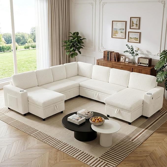 Oversized U-Shaped Sectional Sleeper Sofa for Living Room, Beige | Modular Design, Pull Out Bed, Hidden Storage Space, Soft Corduroy, USB Charging, Cup Holders, Easy Assembly