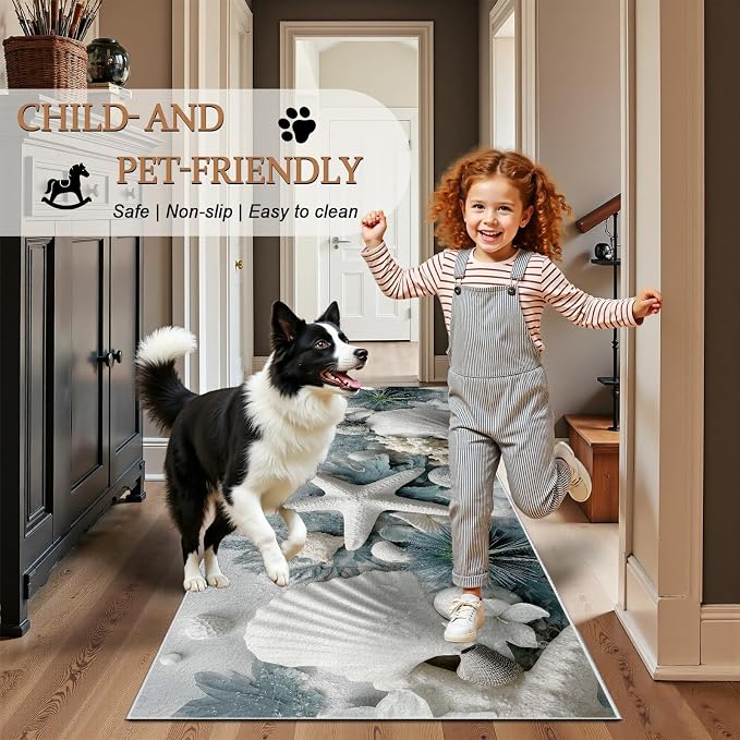 Starfish Seashell Runners Rug for Hallway 2x6 - Seaside Coastal Runner Rug, Soft Non Slip Washable Long Rugs, Ocean Themed Carpet Runner for Hallways Kitchen Corridor Entryway