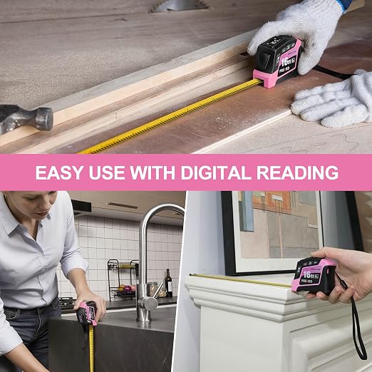 PREXISO 2-in-1 Digital Tape Measure - 16Ft Pink Digital Measuring Tape Rechargeable, Ft/Ft+in/in/M/CM/MM Unit - Metric & Inches Retractable Electronic Tape Measure Auto Lock, Pythagorean, Area, Volume