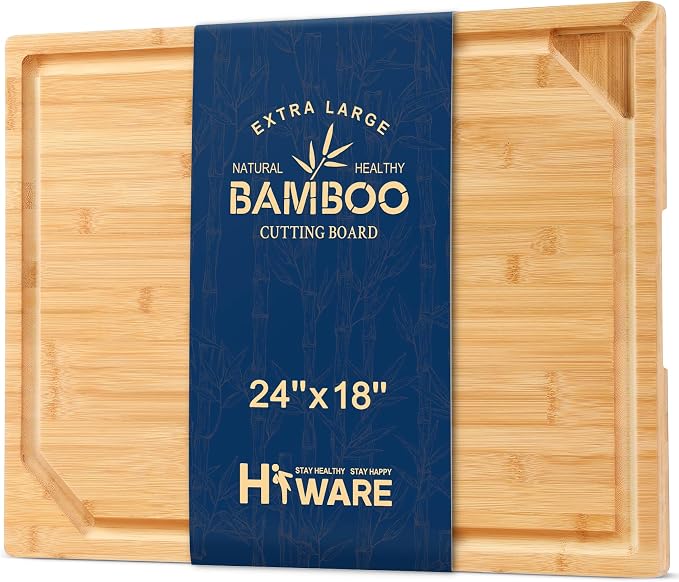 24 x 18 Extra Large Bamboo Serving Boards for Kitchen, Heavy Duty Wood Butcher Block Chopping Board with Handle and Juice Groove for Meat, Large Charcuterie Board, Over the Sink Cutting Board