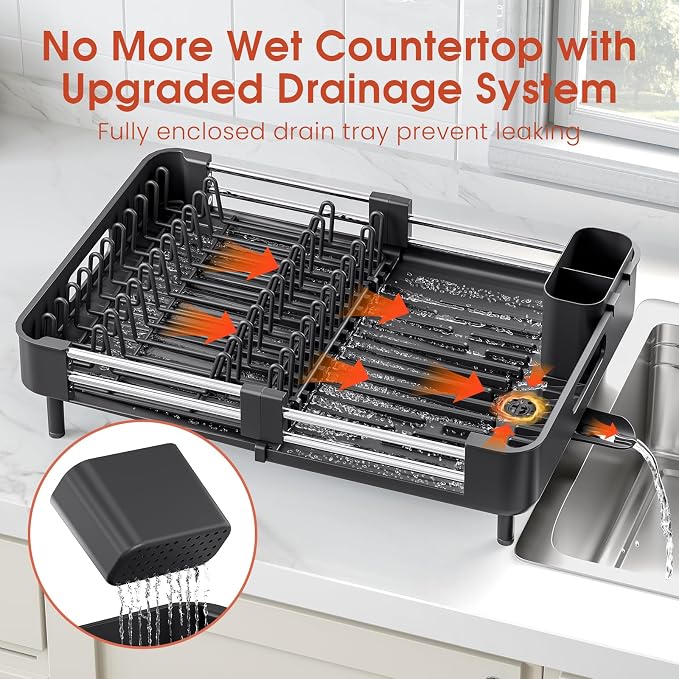 TOOLF Expandable Dish Drying Rack with Cutlery Holder, Standard, Black | Stainless Steel &PP, Extenable 12.6"-18.7"D, Anti-Rust, Auto-Drainage, Space-Saving, Fit for RV, Apartment Sink Countertop
