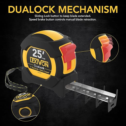 LEXIVON [4-Pack] 25Ft/7.5m DuaLock Tape Measure | 1-Inch Wide Blade with Nylon Coating, Matte Finish White & Yellow Dual Sided Rule Print | Ft/Inch/Fractions/Metric (LX-206X4)