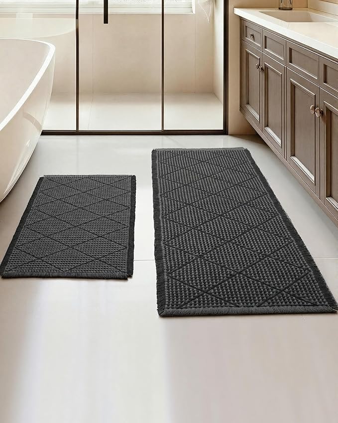 Furicher Waffle Bath Mat Set, Non Slip Bathroom Rugs Sets 2 Piece, Ultra Absorbent Long Bath Rug Runner for Bathroom Decor, Machine Washable Boho Mats, Dark Grey & Grey, 20"×47" Plus 18"×30"