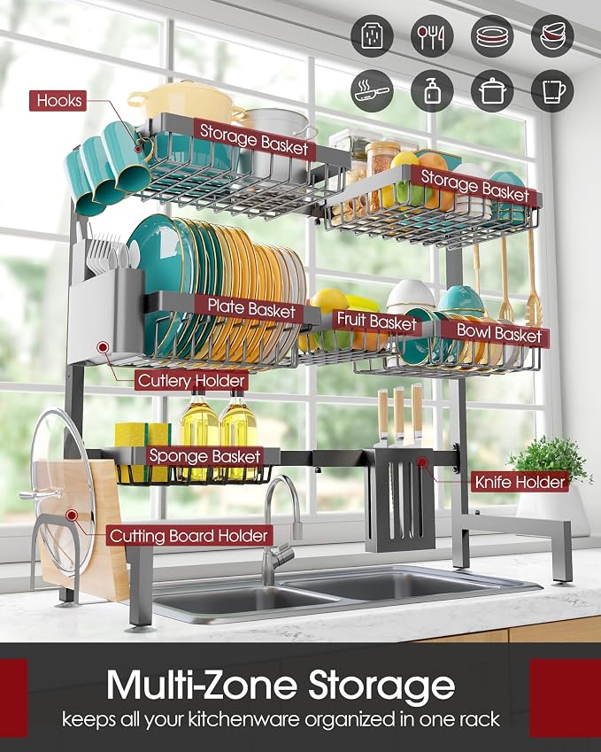 Sakugi Over The Sink Dish Drying Rack - Adjustable 3 Tier XX-Large Capacity Stainless Steel Drainer with Cutlery & Utensil Holders, Kitchen Storage & Organization, 31.5"-39.5"L x 12"W x 30.5"H, Gray