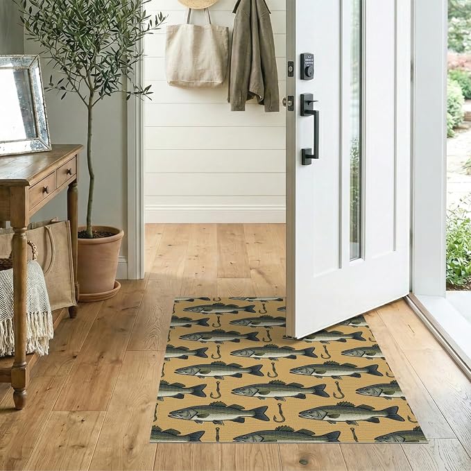 2'x3' Washable Area Rug Bass Lure Hook Motif Tackle Border Angler Lake Vintage Fish Fishing Refined for Bedroom, Nursery, RV, Pet Friendly & Kids Safe Bedside
