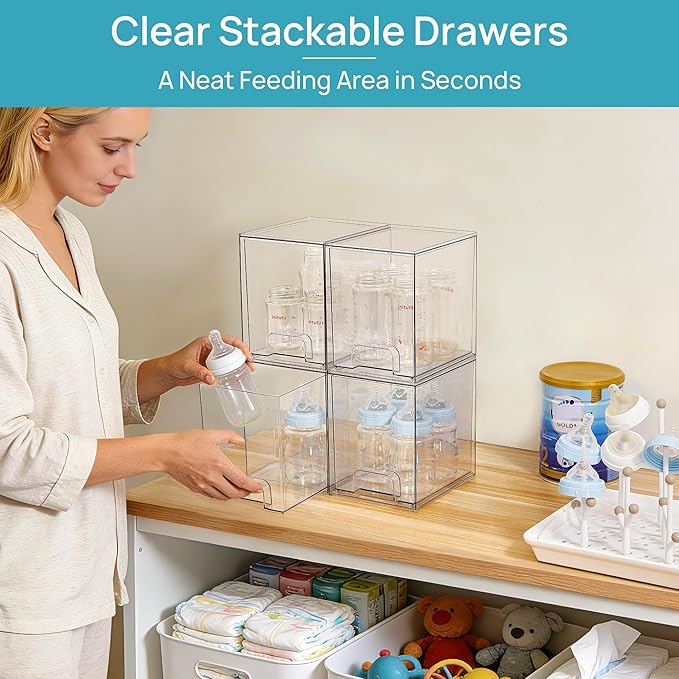 Vtopmart 7.6" H Clear Stackable Storage Drawers, 4 Pack Plastic Organizers Bins for Skincare, Cosmetics,Beauty Supplies,Ideal for Vanity, Bathroom,Kitchen Countertop,Cabinet Organization