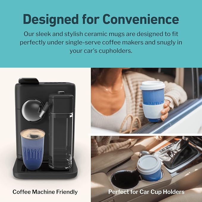 NOVA CERAMICS Ceramic Tumbler– Blue Ceramic Mug – Microwave & Dishwasher Safe Coffee White & Orange Tumbler - Leak-Proof Coffee Travel Mug – 12oz – Neptune