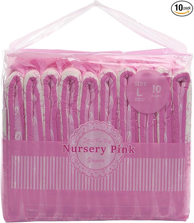 Littleforbig Adult Printed Diaper 10 Pieces - Nursery Pink (Large 36"-46")
