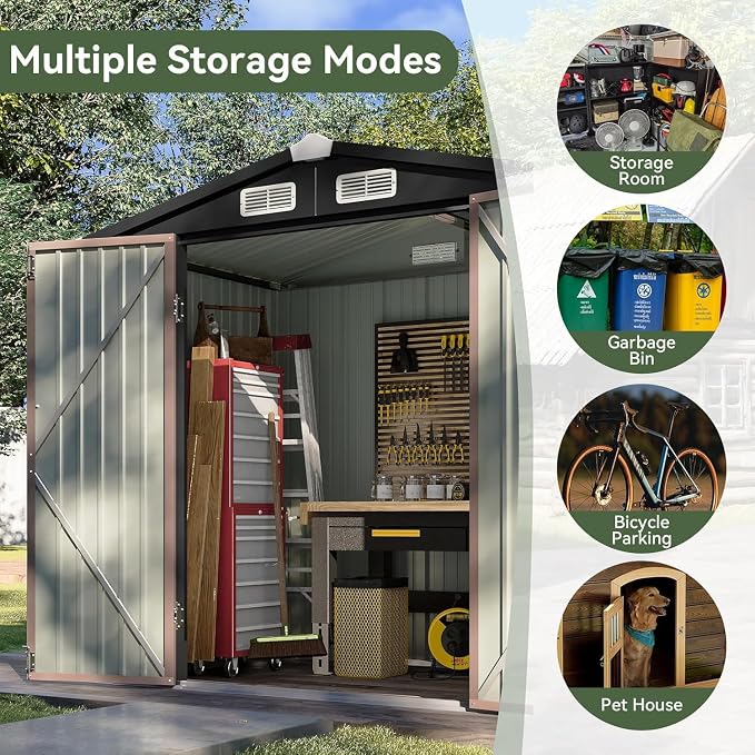 Aoxun 6.2x4 FT Shed Outdoor Storage Shed, Brown | Metal Shed with Lockable Doors & Slooping Roof Garden Tool Shed for Backyard, Patio, Poolside