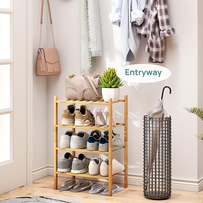 viewcare Small Shoe Rack, 4-Tier Rack for Entryway, Bamboo Wood Shoe Shelf for Closet & Hallway, Long 17 in | Beautiful | Functional | Sturdy | Durable