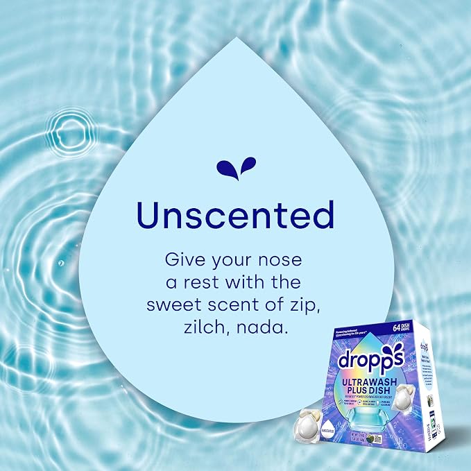 Dropps UltraWash Plus Dishwasher Detergent Pods, Unscented (64 Ct) Free & Clear | Triple Action | Built In Rinse Aid | Cuts Grease & Stuck-On Food | Sparkling Dishes | Residue-Free | Clean Ingredients