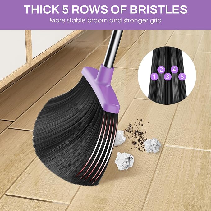 Broom and Dustpan Set for Home, 51-in Long Adjustable Handle Angle Broom and Dustpan Combo Set with Dust Pan Teeth to Clean Hair for Home Kitchen Office Lobby Floor Garden (Black&Purple)