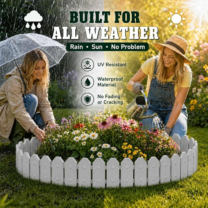 Garden Border Edging: Wooden Grain Fence Dog Ear Design - Landscaping Fence Liner Lawn Edge Barrier - Decorative Lawn Landscape Panels Elements -Landscaping Edging (Gray, 10ft.)