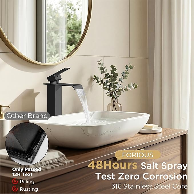 FORIOUS Matte Black Vessel Bathroom Sink Faucets 1 Hole, Tall Waterfall Bathroom Faucet Single Handle with Pop Up Drain and Supply Lines, Deck Mount