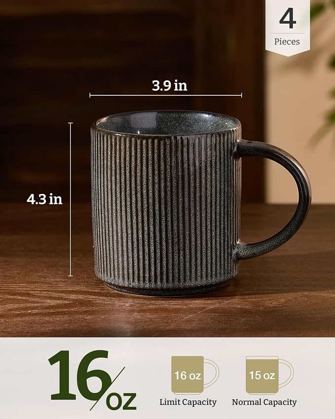 famiware Coffee Mug Set for 4, Star 16 oz Catering Mugs Cup Set with Handle for Coffee, Tea, Cocoa, Milk - Ceramic Stoneware Drinkware Set, Deep Forest