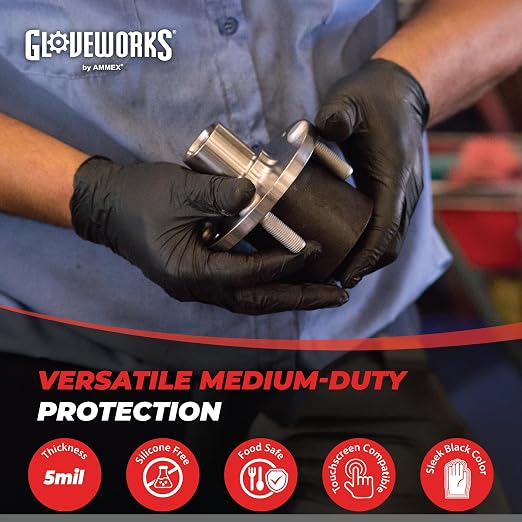 GLOVEWORKS XXL Black Nitrile Gloves for Cooking, Food Prep, Disposable, 5 Mil, For Professional Cleaning, Case of 1000
