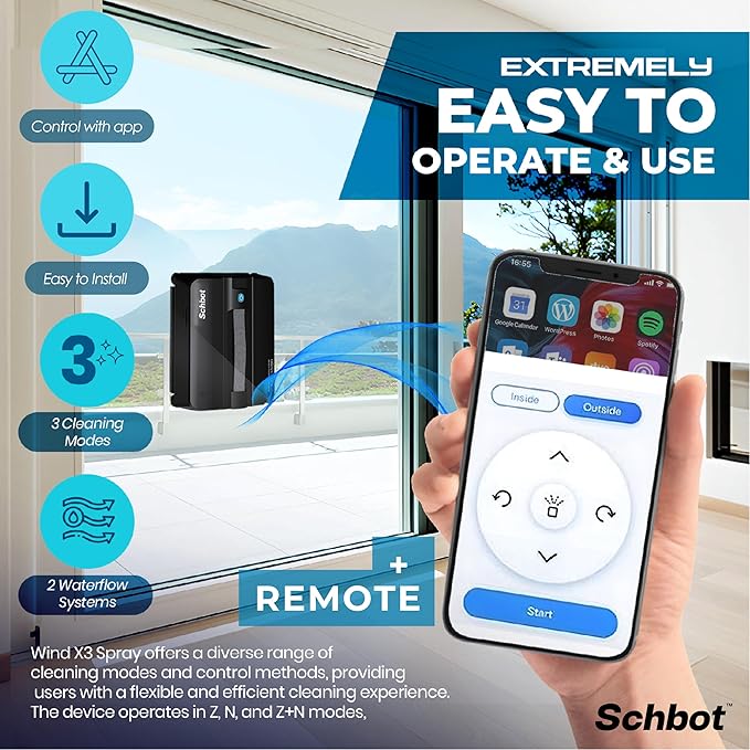 Wind X3 2026 Window Cleaning Robot – Black Robot Window Cleaner with Automatic Spray Function, Suitable for Small and Big Windows with and Without a Frame