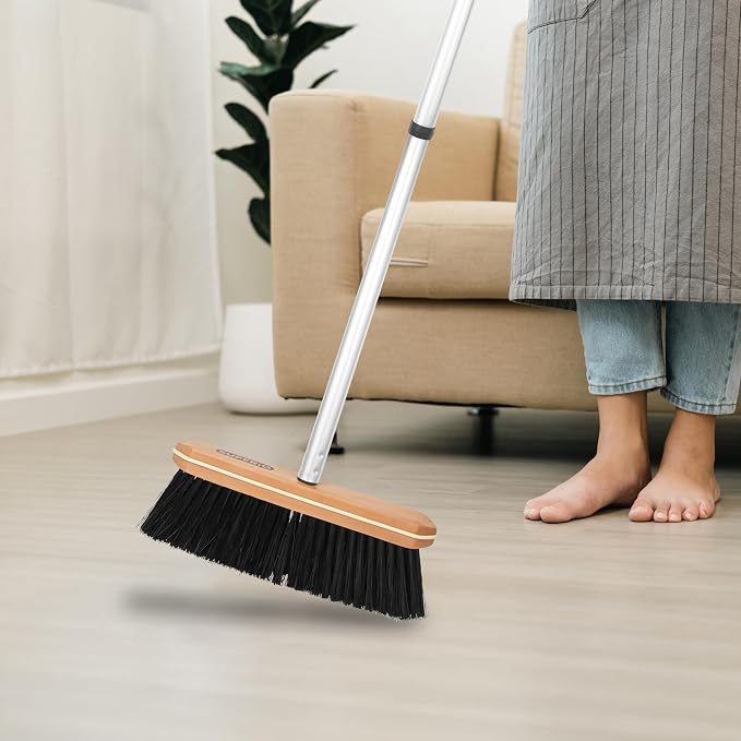 Superio Kitchen Broom Premium Black Tampico Bristles, with Grey Metal 3-Part Handle, Heavy Duty Household Broom - Easy Swiping Dust and Wisp, Home, Kitchen Bedroom, Lobby, Floors and Corners