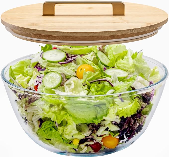 4.7Qt Large Glass Mixing Bowl with Lid, Clear Large Salad Bowls with Airtight Bamboo Lid & Handle,Thickened Glass Big Mixing Bowls Cooking Bowl for Serving, Food Prep, Kitchen,Borosilicate Glass