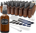 Nevlers 4 Oz Amber Glass Spray Bottles for Cleaning & Refreshment | 48 Pack Amber Glass Bottles | Mist Bottle Sprayer w/Shrink Wrap, Funnel, Brush, Marker & Labels | Small Spray Bottle for Hair & Face