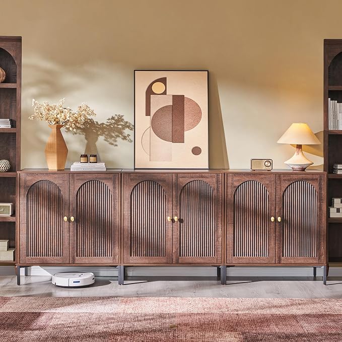 IFGET 92.63" W Modern Arched Sideboard Buffet Cabinet with Storage, Brown | Fluted Arch Sideboard Cabinet w/Adjustable Shelves, Wooden Modular Kitchen Cabinet for Dining& Living Room, Entryway