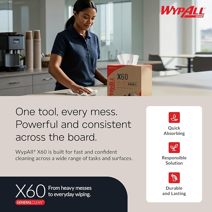 WypAll GeneralClean X60 Cloths Multi-Task Cleaning Wipes (35421), Strong and Absorbent Towels, White (130 Sheets/Roll, 6 Rolls, 780 Sheet Total)