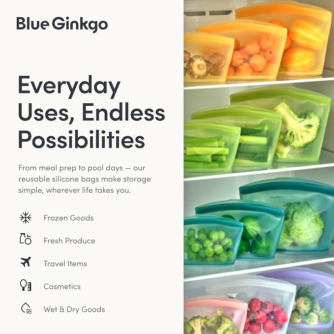 Blue Ginkgo Reusable Silicone Storage Bags – 3-Pack | Korean-Made Stand Up Food, Freezer Bags - Peach