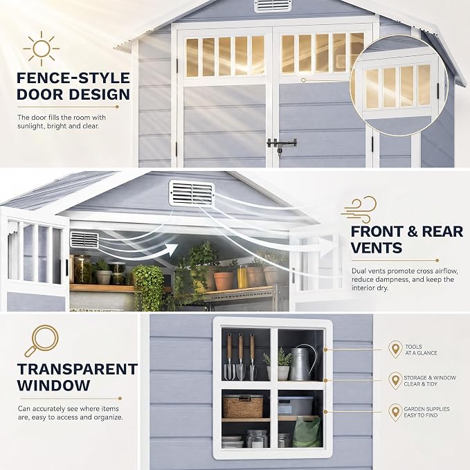DWVO 6x4.4 FT Outdoor Storage Shed with Fence-Style and Side Windows, Lockable Door and Vents, Resin Storage Shed, Tool Shed for Garden Backyard Patio Lawn