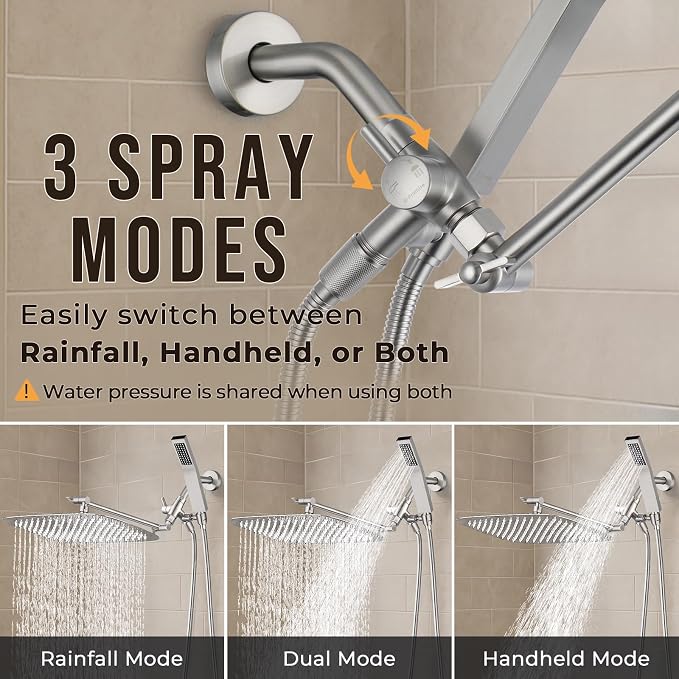 G-Promise All Metal 16 Inch Dual Square Shower Head with Handheld Spray Combo, Rain Shower Head, Adjustable Extension Arm, 3-Way Diverter, 71 Inch Extra Long Hose - A Bathroom Upgrade(Brushed Nickel)