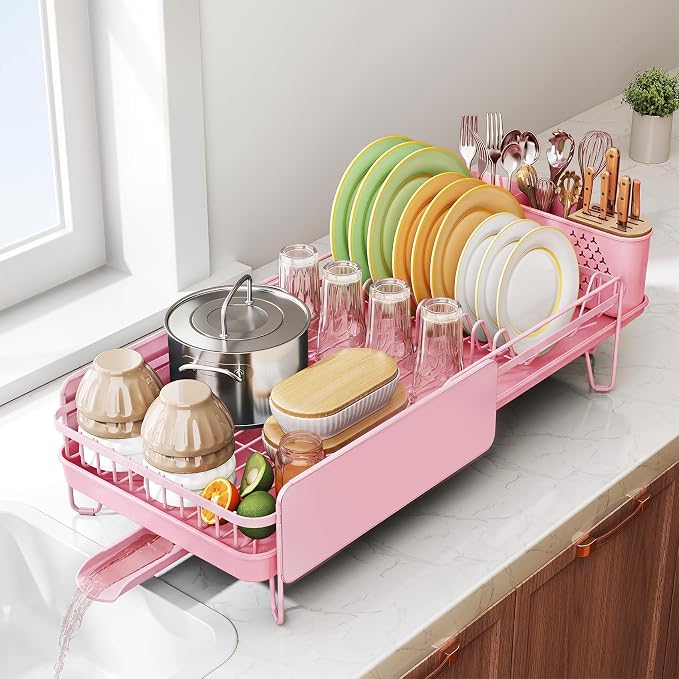 SNTD Dish Drying Rack - Large Dish Racks for Kitchen Counter, Expandable Dish Drainers with Cutlery Holder Stainless Steel Rustproof (Pink)