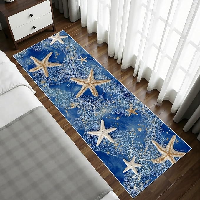 Watercolor Sea Runner Rug Non Slip Washable for Hallway 3x8, Starfish Kitchen Rug, Seaside Fishing Net Runner Carpet for Entryway Laundry Room Bedroom Living Room