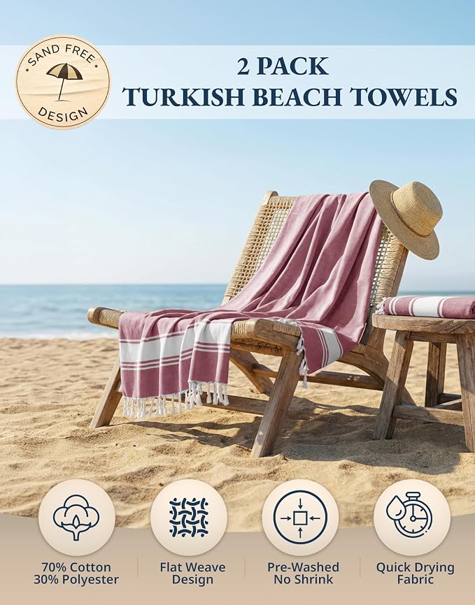 LANE LINEN Beach Towel 2 Pack, Beach Towels Oversized, Soft - Cashmere Rose | Pre-Washed Large Beach Towels - 39"x71", Vacation Essential - Machine Washable, Travel & Camping - Reinforced Hems, Durable