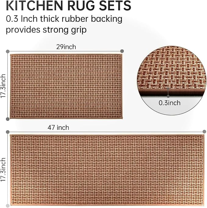 eqivei Kitchen Rugs and Mats Non Skid Washable Set of 2 PCS, Absorbent Runner Rugs for Kitchen, Farmhouse Weave Floor Mats in Front of Sink, 17.3"x 47"+17.3"x 29" (Brown)