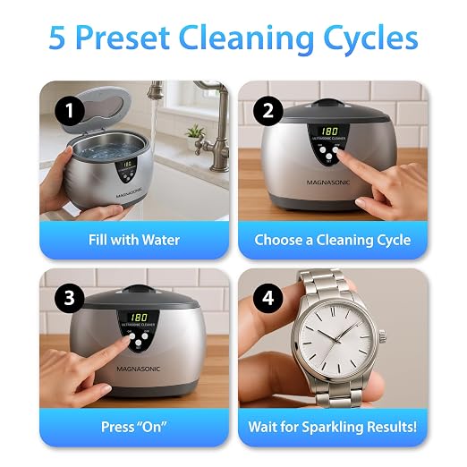 Magnasonic Ultrasonic Cleaner, 20oz Stainless Steel Tank, Digital Timer, 5 Cleaning Modes, w/ 8oz Gem & Jewelry Cleaner Concentrate Solution for All Jewelry, Eyeglasses, Watches, Dentures, Retainers
