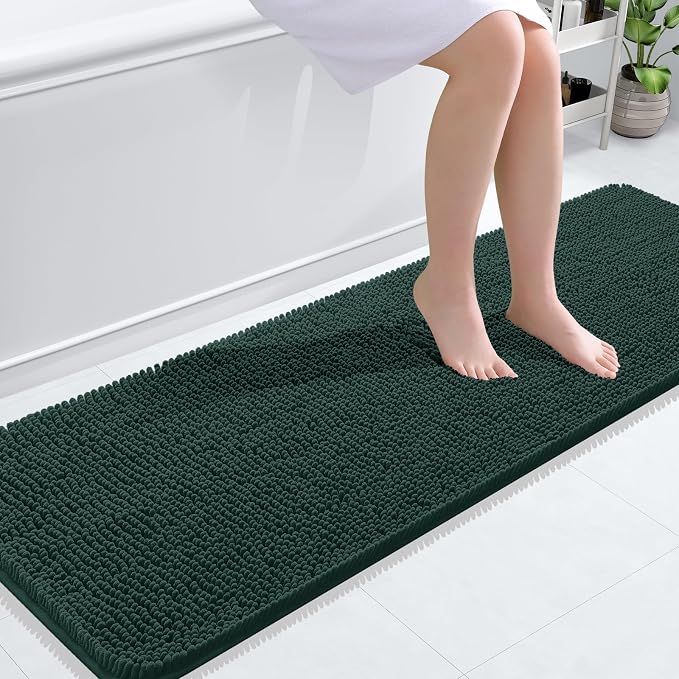 OLANLY Bathroom Runner Rugs 59x20, Soft Absorbent Chenille Bath Rugs, Rubber Backing Quick Dry, Machine Washable Long Bath Mats for Bathroom, Tub and Shower, Home Decor Accessories, Blackish Green