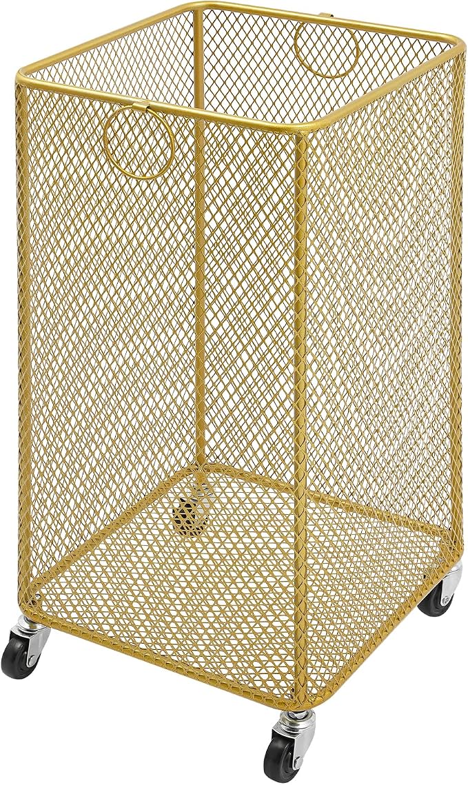 Laundry Basket, Large Rolling Fashion Laundry Basket, Dirty Clothes Hamper Cart with Wheels Metal Dorm Room Essentials for Laundry Room, Balcony, Bathroom, Bedroom, Kitchen (Gold, Square)